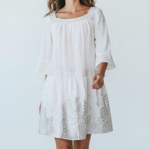 Delfina White Sheer Beaded Square Neck 3/4 Sleeve Dress Made in Italy in Size S